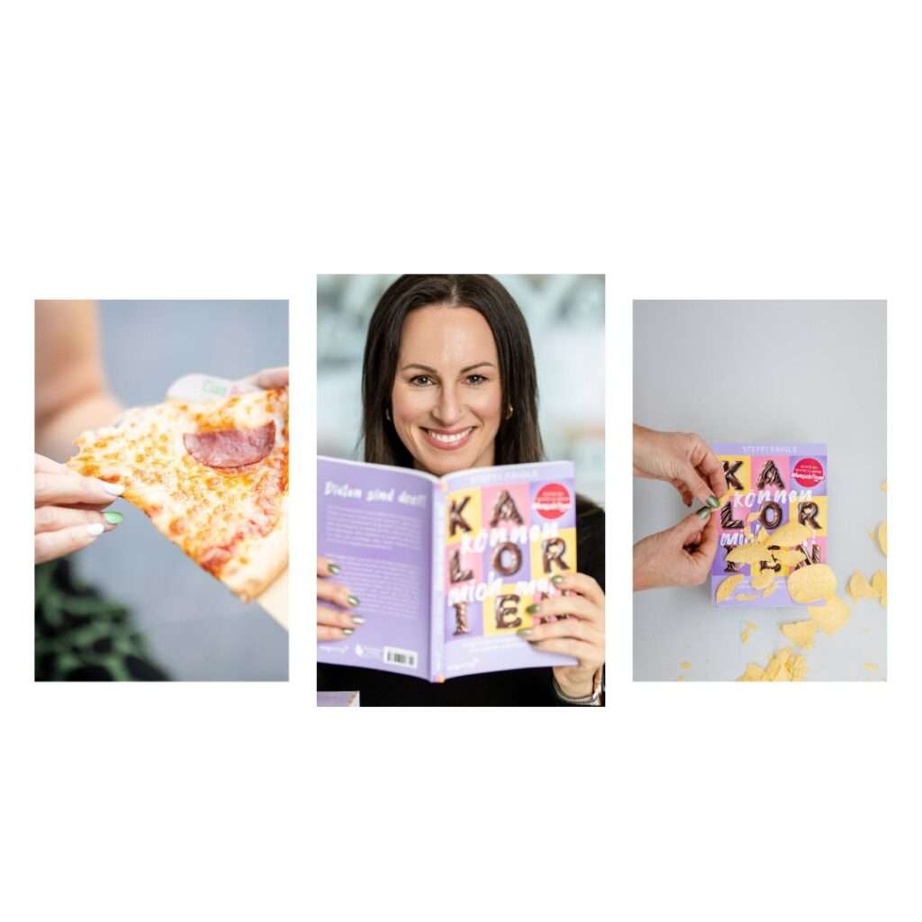 Drei Bilder nebeneinander. Links eine Scheibe Pizza, in der Mitte Steffi Faigle mit ihrem Buch "Kalorien können mich mal" und rechts nochmal das Buchcover von oben